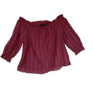 Lane Bryant Womens Plus Sz 22/24 Burgundy Eyelet Off-Shoulder Blouse 100% Cotton